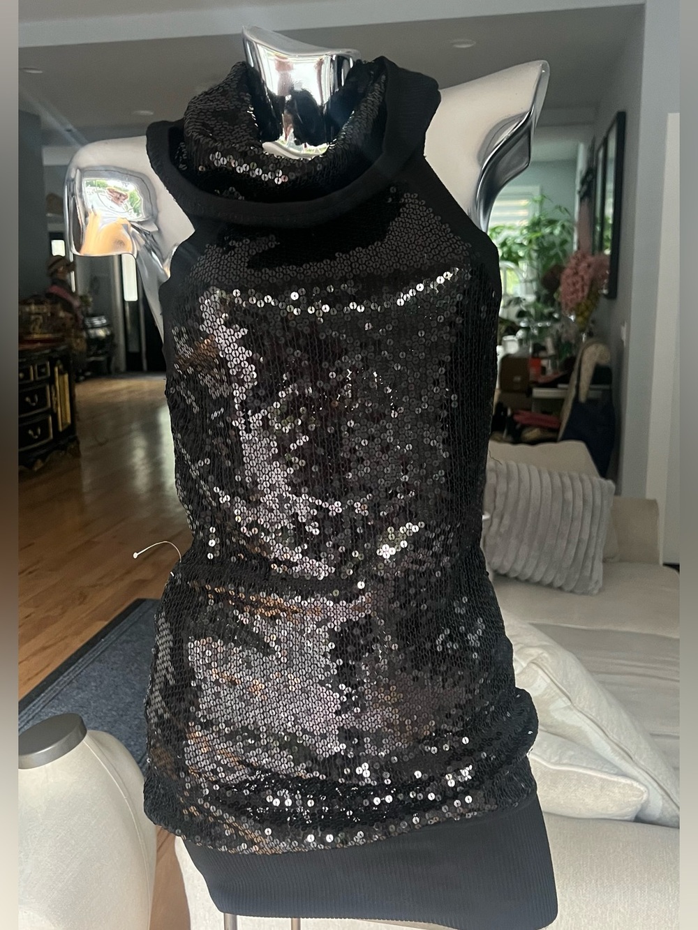 Black Sequin Cowl Neck Sleeveless Top